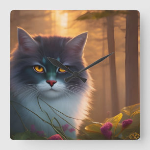 Grey and white fluffy forest cat, Fantasy Square Wall Clock