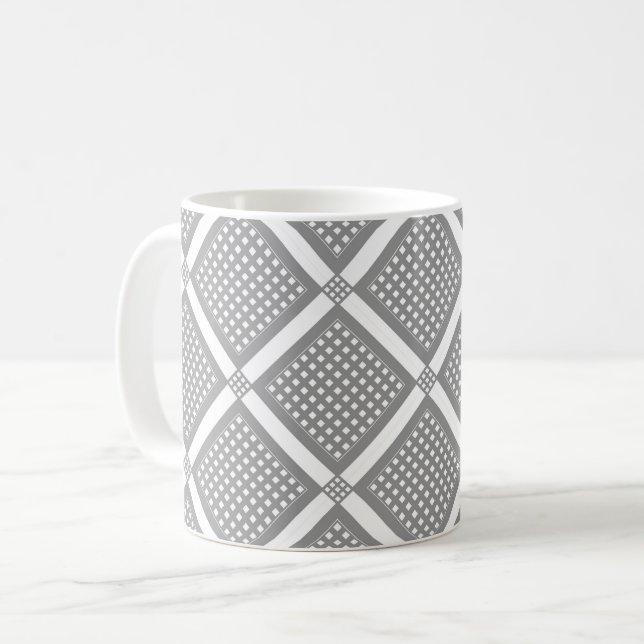 Grey and white geometric chequered pattern coffee mug (Front Left)