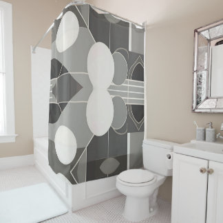 Grey and White Geometric Design with Circles Lines Shower Curtain