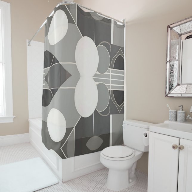 Grey and White Geometric Design with Circles Lines Shower Curtain (In Situ)