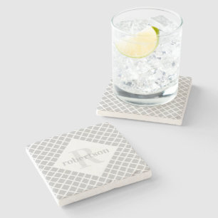 Grey and White Geometric Modern Monogrammed Stone Coaster