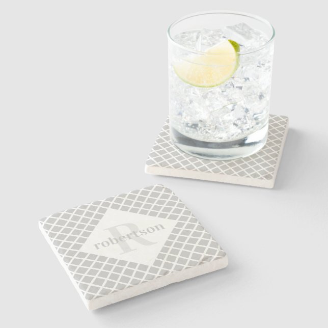 Grey and White Geometric Modern Monogrammed Stone Coaster (Side)