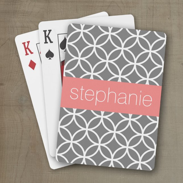Grey and White Geometric Pattern Custom Name Playing Cards (Personalized playing cards with a geometric pattern and a place for a name)