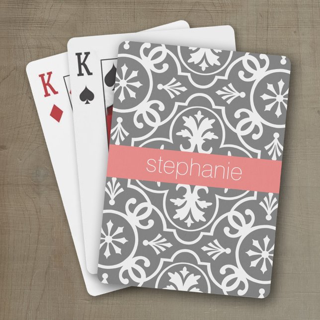 Grey and White Geometric Pattern with Custom Name Playing Cards (Personalized playing cards with a geometric pattern and a place for a name)