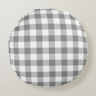 Grey And White Gingham Check Pattern Round Cushion