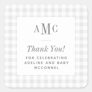 Grey and White Gingham Monogram Thank You Square Sticker