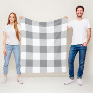 Grey And White Gingham Pattern Fleece Blanket