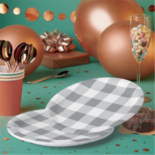 Grey And White Gingham Pattern Paper Plate