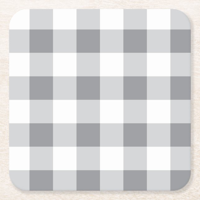 Grey And White Gingham Pattern Square Paper Coaster (Front)