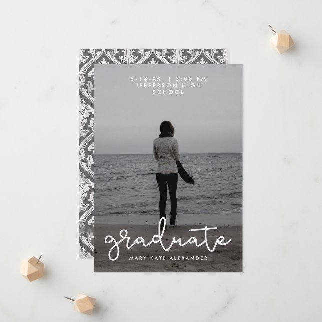 Grey and White Graduation Photo Announcement (Front/Back In Situ)