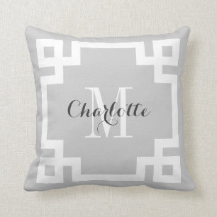 Grey and White Greek Key Monogram Cushion