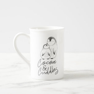 Grey and White Hand Drawn Penguin Cuddles Winter Bone China Mug