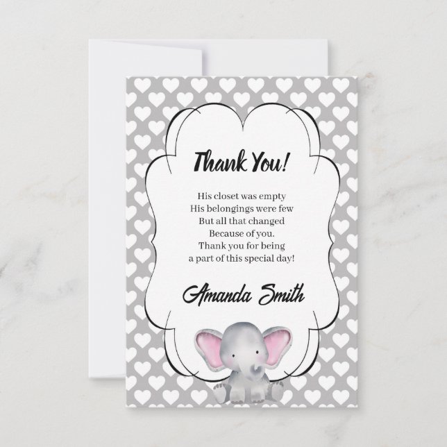 Grey and White Hearts Elephant Baby Shower Thank Y You Card (Front)