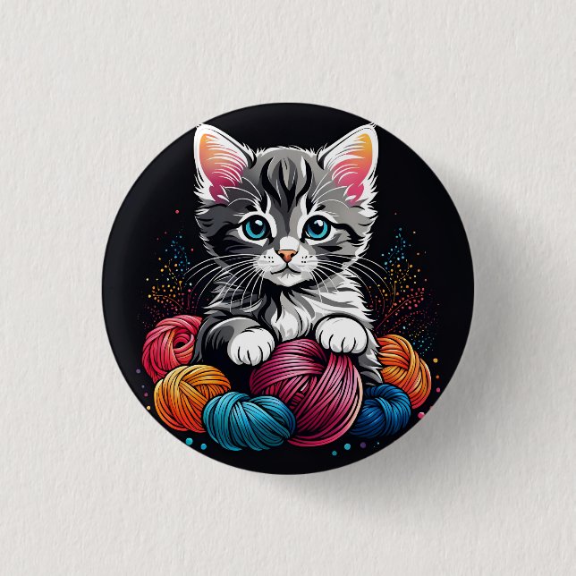 Grey and White Kitten with Yarn 3 Cm Round Badge (Front)