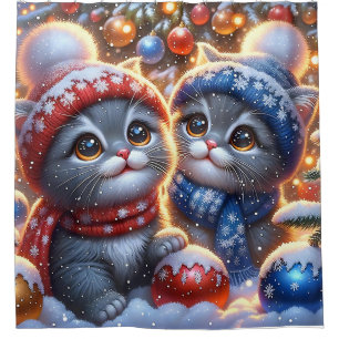 "Grey and White Kittens’ First Christmas" Shower Curtain