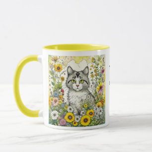 Grey and White Kitty Cat Sitting in Flowers Mug