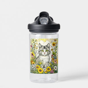 Grey and White Kitty Cat Sitting in Flowers Water Bottle