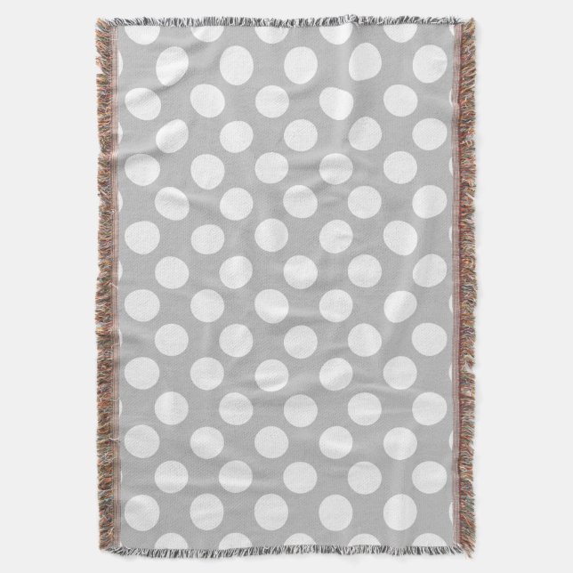 Grey and White Large Polka Dot Throw Blanket (Front Vertical)