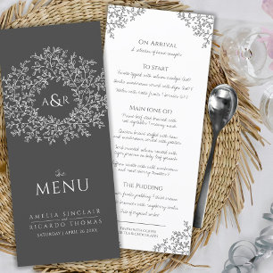 Grey and white leaf drawing monogram wedding menu