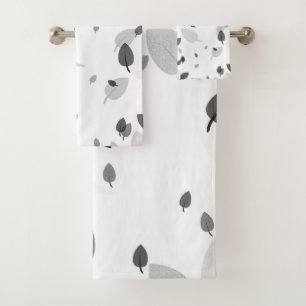 grey and white leaves bath towel set
