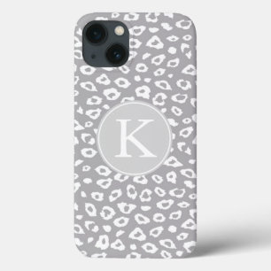 Grey and White Leopard Print Monogram iPhone 13 Case