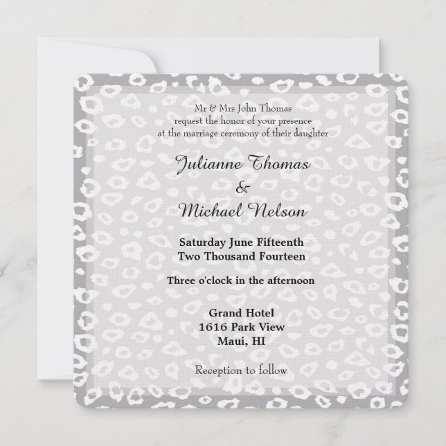 Grey and White Leopard Print Wedding Invitation (Front)