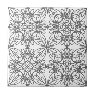 Grey and White Line Art Floral and Hearts Tile