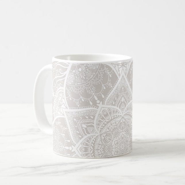 Grey and White Mandala - Loergann in Lynx Coffee Mug (Front Left)