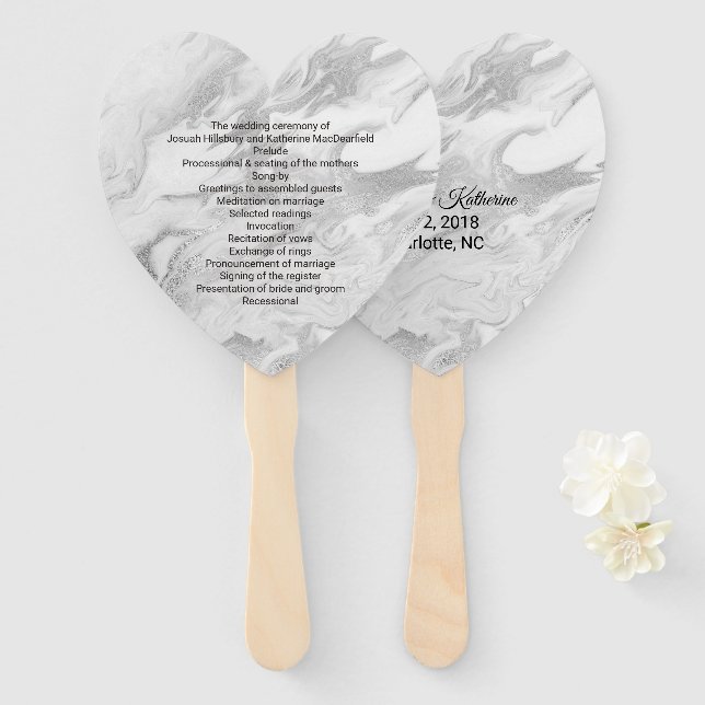 Grey and White Marbled Wedding Program Fan (Front and Back)