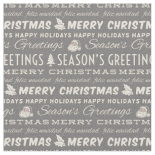 Grey and White Merry Christmas Retro Typography Fabric