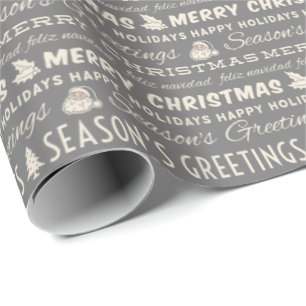 Grey and White Merry Christmas Retro Typography Wrapping Paper