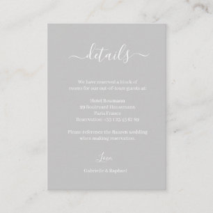 Grey and White Minimalist Wedding Hotel Detail Enclosure Card
