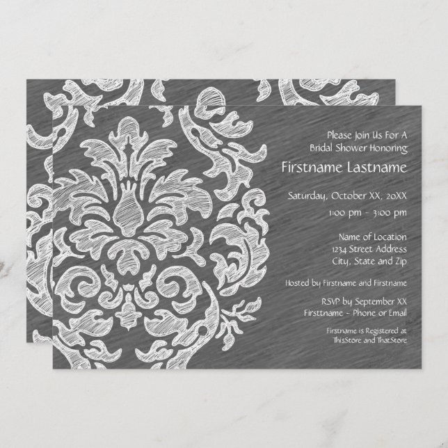 Grey and White Modern Damask Bridal Shower Party Invitation (Front/Back)