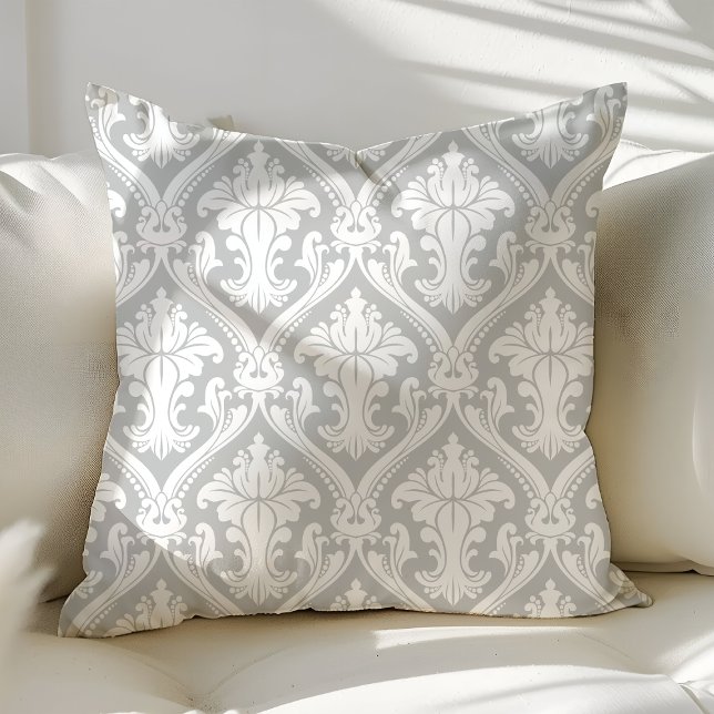 Grey and White Modern Damask Pattern Stylish Chic Cushion (Creator Uploaded)