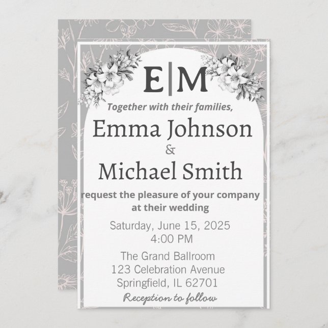 Grey and White Modern Elegance Floral Line Art Invitation (Front/Back)