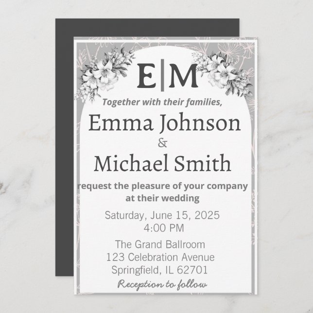 Grey and White Modern Elegance Floral Line Art Invitation (Front/Back)