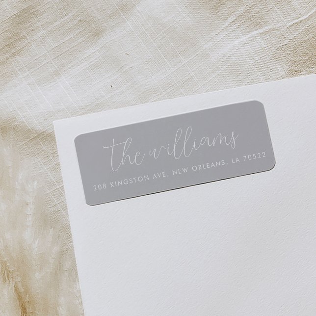 Grey and White Modern Script Return Address Label (Gray script family name return address labels.)