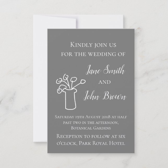 Grey and white modern simple boho flower wedding invitation (Front)