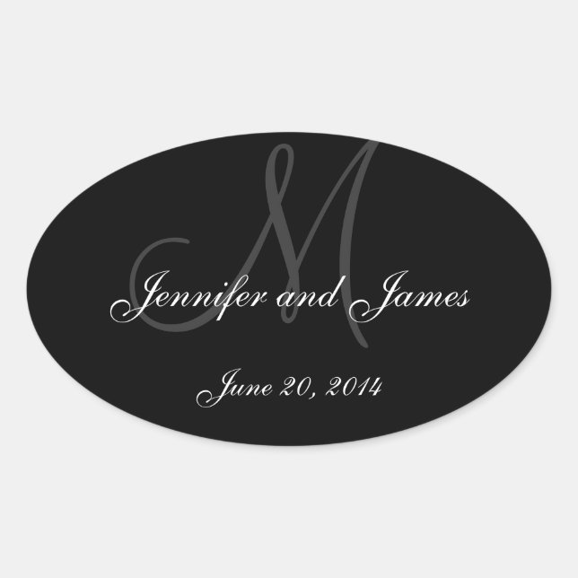 Grey and White Monogram Oval Wedding Wine Labels (Front)