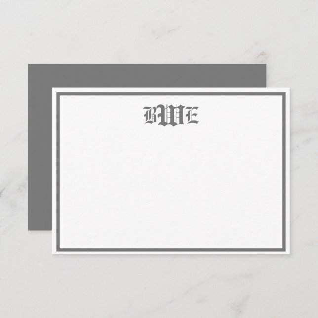 Grey and White Monogrammed Flat Note Card (Front/Back)