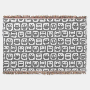Grey and White Owl Pattern Throw Blanket