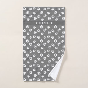    Grey And White Paw Print Personalised Dog Towel