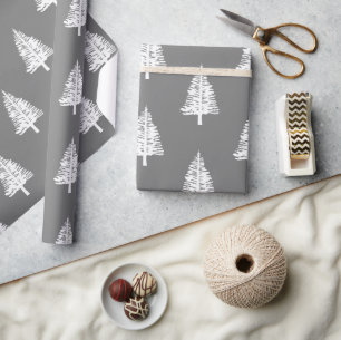 Grey and White Pine Trees Christmas Wrapping Paper