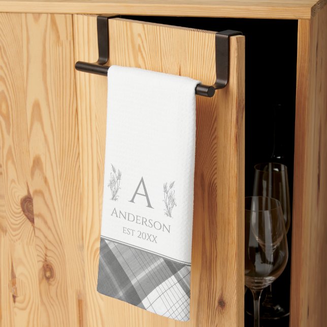Grey and White Plaid Personalised Name Monogram Tea Towel (Thirds Fold)