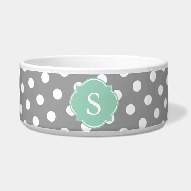 Grey and White Polka Dots Monogram Large Dog Bowl (Front)