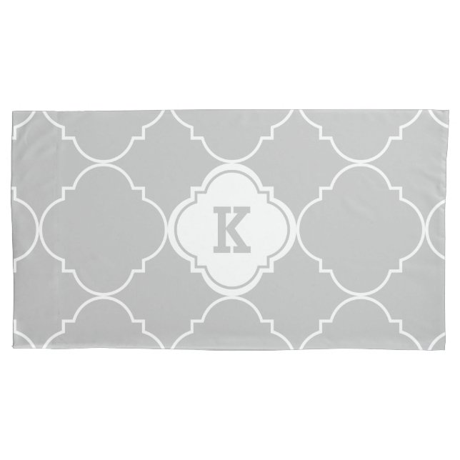 Grey and White Quatrefoil Pattern Monogrammed King Pillowcase (Front)