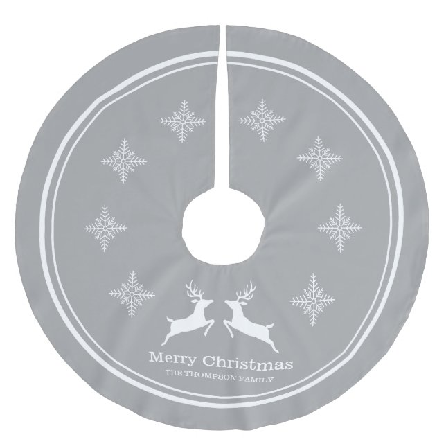 Grey And White Reindeers With Snowflakes Christmas Brushed Polyester Tree Skirt (Front)