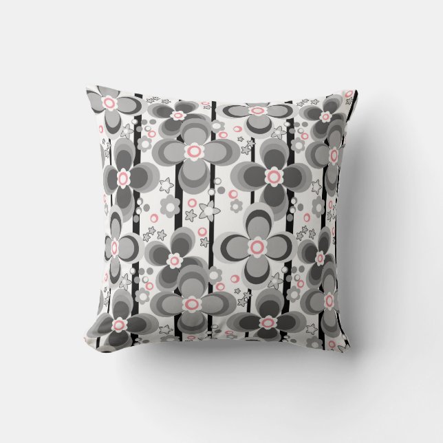 Grey and white retro floral pattern cushion (Front)