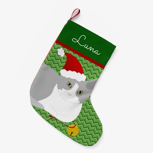 Grey And White Santa Cat Personalised Small Christmas Stocking (Front (Hanging))