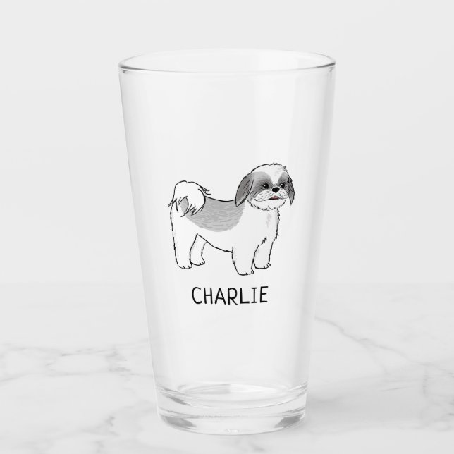 Grey and White Shih Tzu Cartoon Dog Personalised Glass (Front)